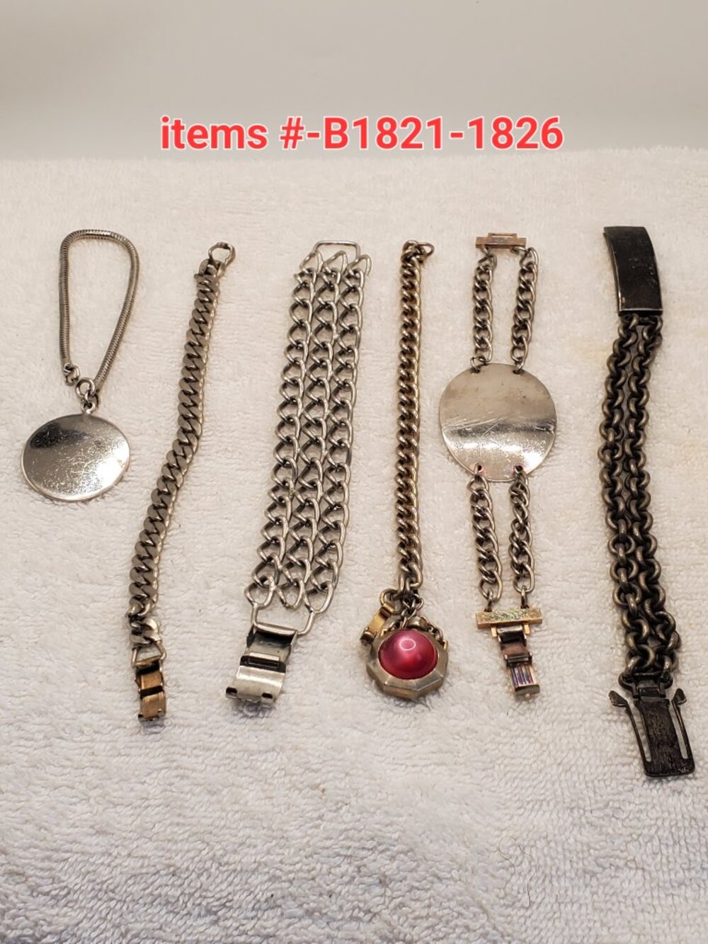 6 Silver chain Bracelets, items # -1821-1826, wt. 177 grams.